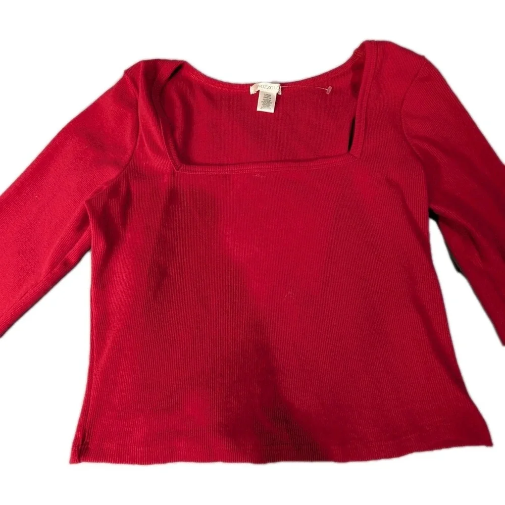 Bozzolo Crop Top Long Sleeve Red Ribbed Square Neck Shirt‎ Size LCotton Blend